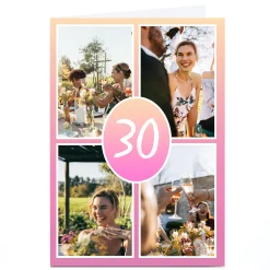 Card Factory Personalised 30th Milestone Age Photo Card - Pink Gradient, Editable Age
