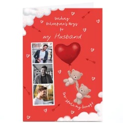 Card Factory Personalised Valentine Hugs Photo Card- Cute Bears with Heart Balloon