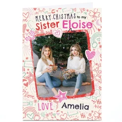 Card Factory Photo Bev Hopwood Christmas Card - Festive Doodles and Hearts, Sister