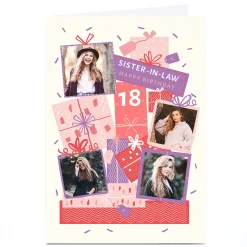 Best Photo Birthday Card - 4 Photos Pink & Purple Presents, Editable Age & Recipient For Sister|18Th Birthday