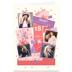 Card Factory Photo Birthday Card - Aunt Pink & Purple Presents, Editable Age