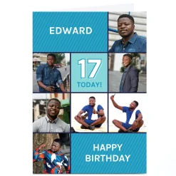 Sale Photo Birthday Card - Blue Squares, Editable Age Kids For Son|For Nephew