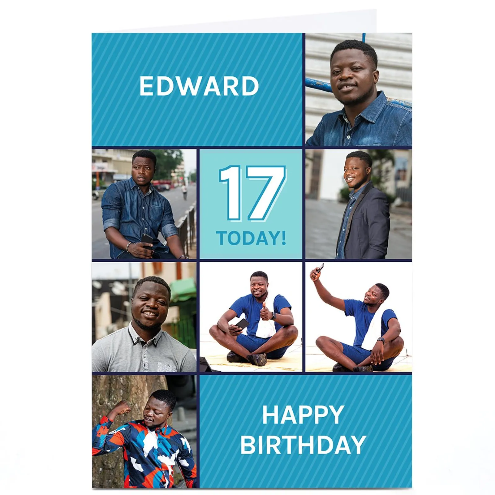 Sale Photo Birthday Card - Blue Squares, Editable Age Kids For Son|For Nephew