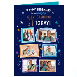 Online Photo Birthday Card - Blue Stars & Frames, Editable Age BOY For Grandson|For Boyfriend