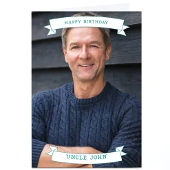 Photo Birthday Card - Blue Happy Birthday Banner For Uncle|For Everyone