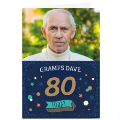 Card Factory Photo Birthday Card - Blue & Silver, Editable Age