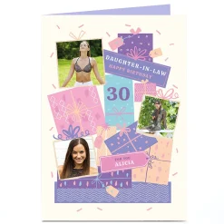 Card Factory Photo Birthday Card - Daughter-in-Law Pink & Purple Presents, Editable Age