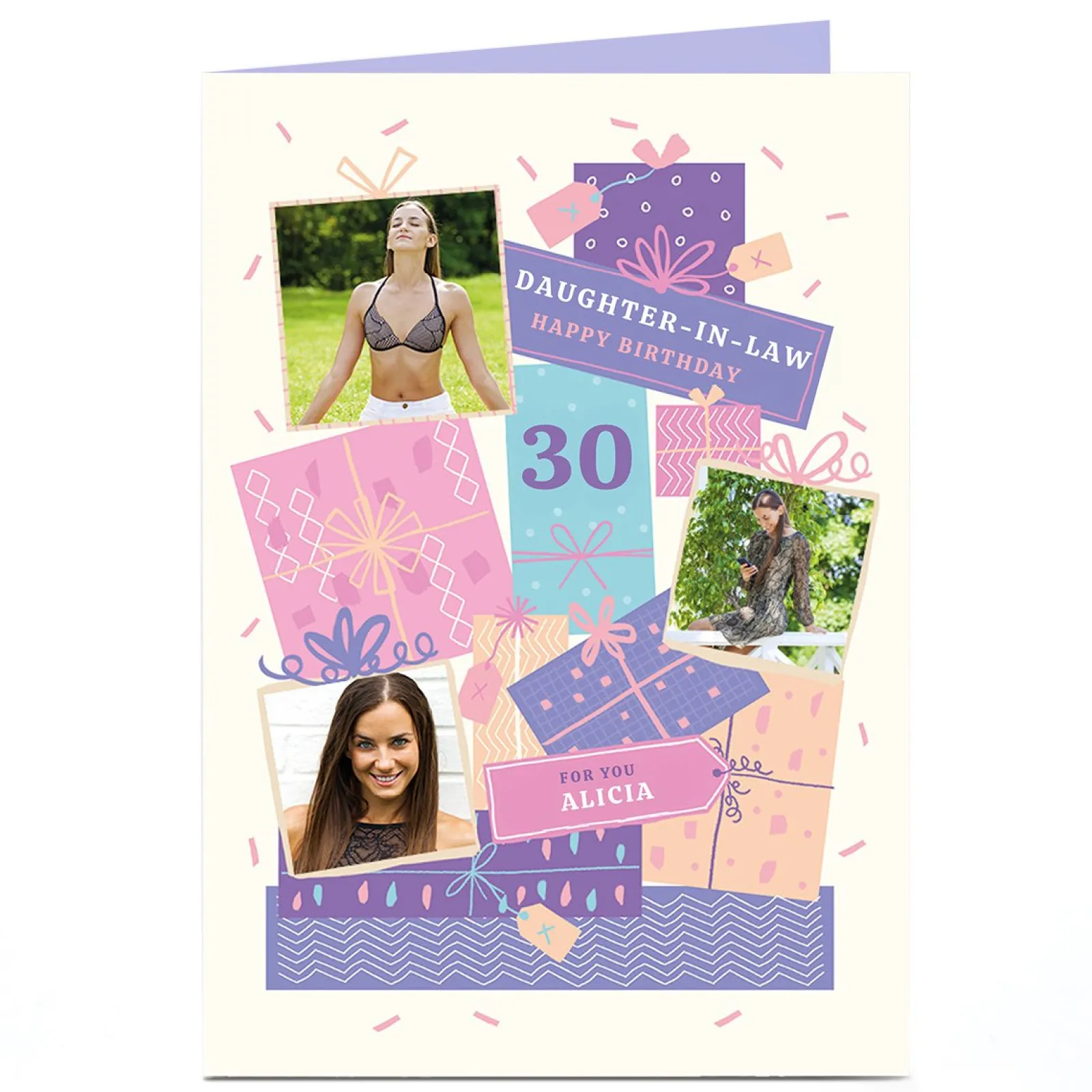 Card Factory Photo Birthday Card - Daughter-in-Law Pink & Purple Presents, Editable Age