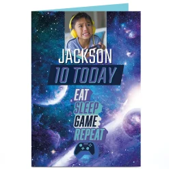 Kids Card Factory Photo Birthday Card - Eat Sleep Game (Editable Age)