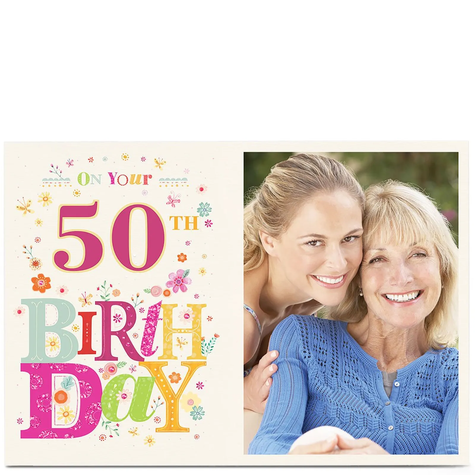 Card Factory Photo Birthday Card - Floral Lettering, Editable Age