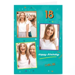 Card Factory Photo Birthday Card - Orange & Blue Editable Age