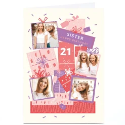 Card Factory Photo Birthday Card - Sister Pink & Purple Presents, Editable Age