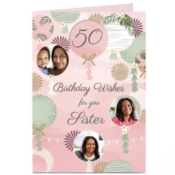 Card Factory Photo Birthday Card - Sister Birthday Wishes Pink Balloons, Editable Age
