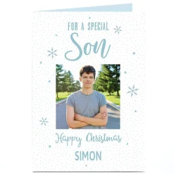 Sale Photo Christmas Card - Blue Snowflakes, Son Christmas|Photo