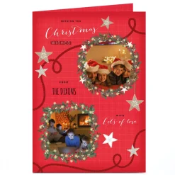 Card Factory Photo Christmas Card - Family Name & 2 Wreaths