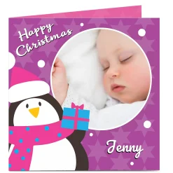 Card Factory Photo Christmas Card - Penguin, Purple