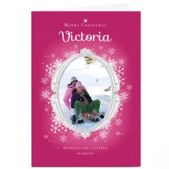 Card Factory Photo Christmas Card - Pink With Snowflake Frame