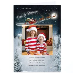 Card Factory Photo Christmas Card - Santa's Sleigh over Snowy Town, Dad and Stepmum