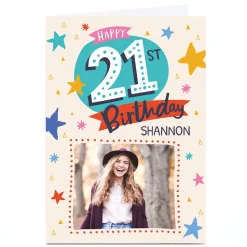 BOY Card Factory Photo Ebony Newton 21st Birthday Card - Colourful Stars, Any Name