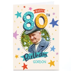 Card Factory Photo Ebony Newton 80th Birthday Card - Colourful Stars, Any Name