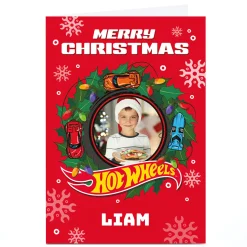Card Factory Photo HotWheels Christmas Card - Hot Wheels Wreath, Any Name