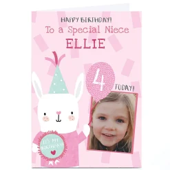 Photo Juniper & Rose Birthday Card - White Rabbit, Editable Age Kids For Niece|For Granddaughter