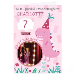 Kids Card Factory Photo Juniper & Rose Birthday Card - Pink Dinosaur, Editable Age
