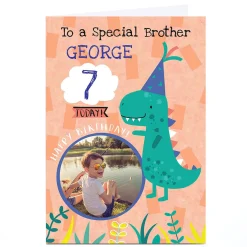 Kids Card Factory Photo Juniper & Rose Birthday Card - Green Dinosaur, Editable Age