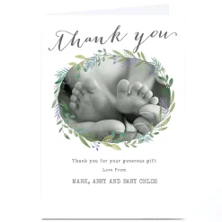 Card Factory Photo New Baby Card - Botanical Thank You Wreath