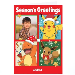 Card Factory Photo Pokemon Christmas Card - Pikachu, Eevee & Charmander