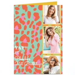 Card Factory Photo 21st Birthday Card - 3 Photos, Pink and Green Print