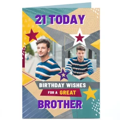 BOY Card Factory Photo 21st Birthday Card - Birthday Wishes Brother, Editable Age