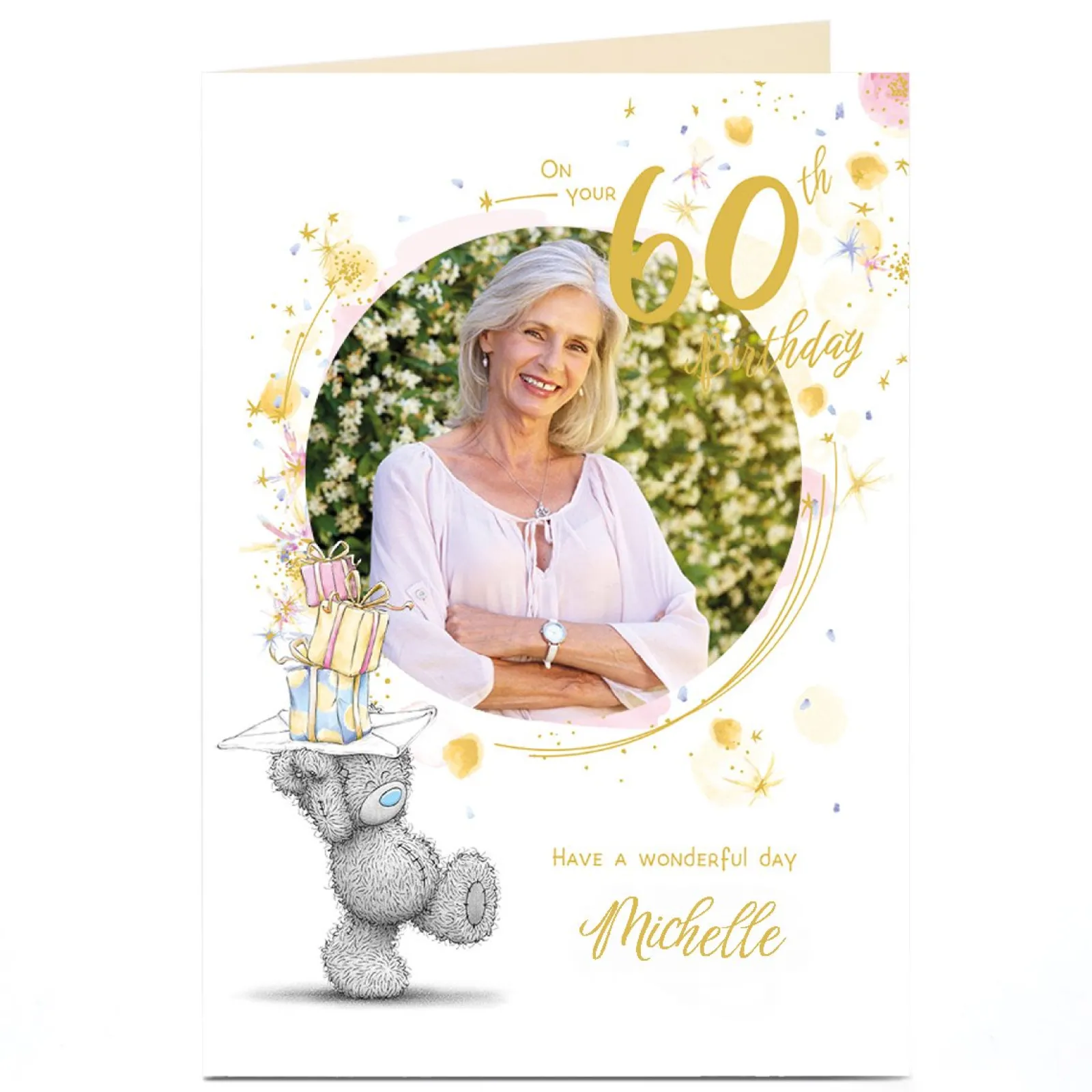 Card Factory Photo Tatty Teddy 60th Birthday Card - Bear with Presents