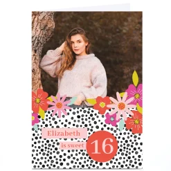 Discount Photo 16th Birthday Card - Flowers and Polkadots, Sweet 16 For Sister|For Niece