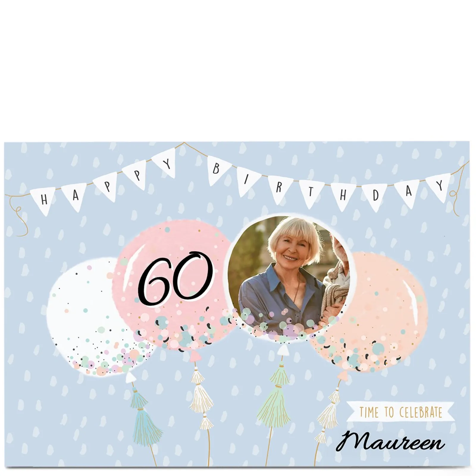 Online Photo 60th Birthday Card - Pastel Banner & Balloons, Editable Age For Wife|For Mum