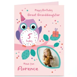Kids Card Factory Photo 5th Birthday Card - Pink Owl
