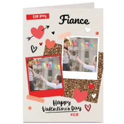 Discount Photo Upload Valentine's Card - Red Hearts & Polaroids, Fiance Photo
