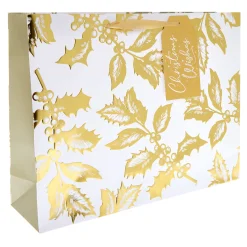 Card Factory White & Gold Holly Extra Large Landscape Christmas Gift Bag